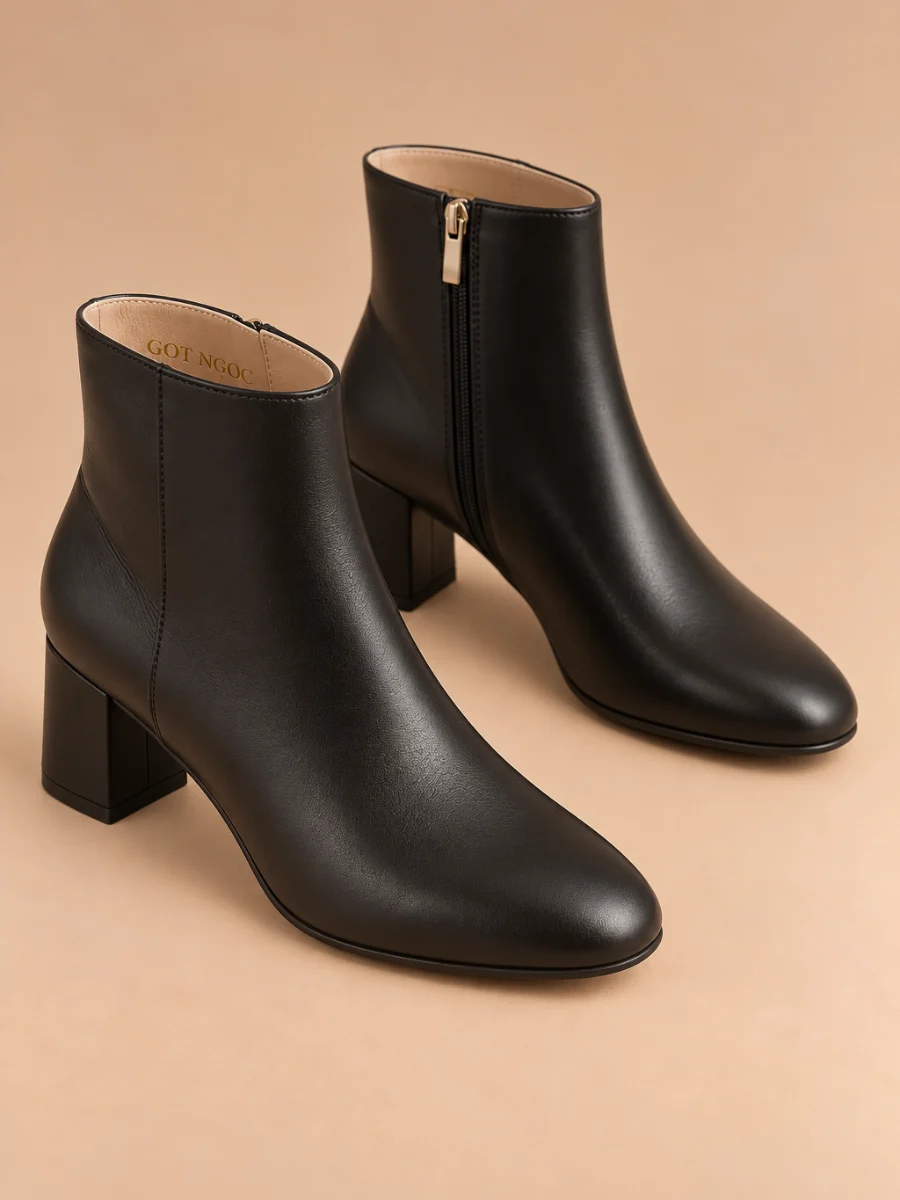 Boots cổ ngắn gót vuông 5 cm đen Gót Ngọc