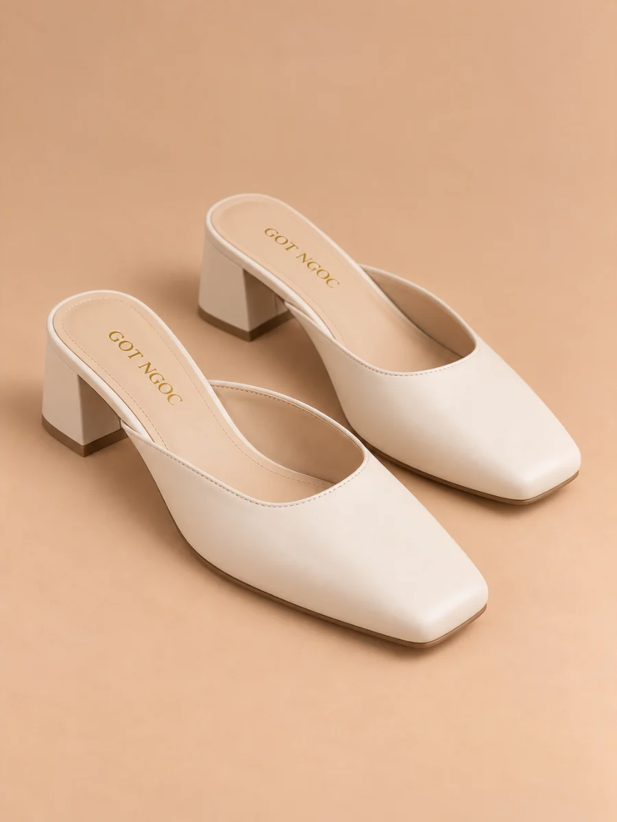 Giày mule mũi vuông 4 cm kem Gót Ngọc