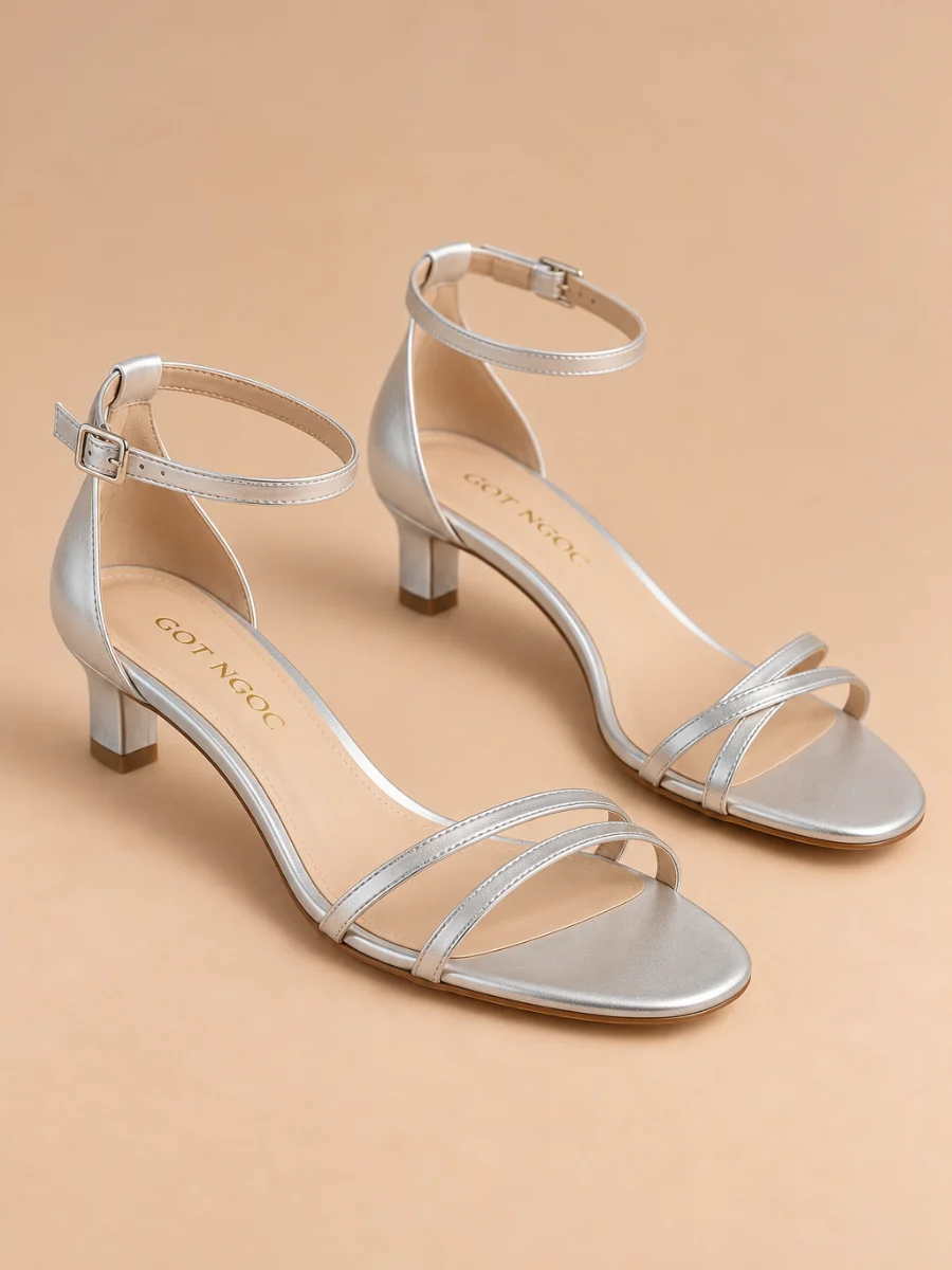 Sandal quai mảnh gót thấp 3 cm bạc Gót Ngọc