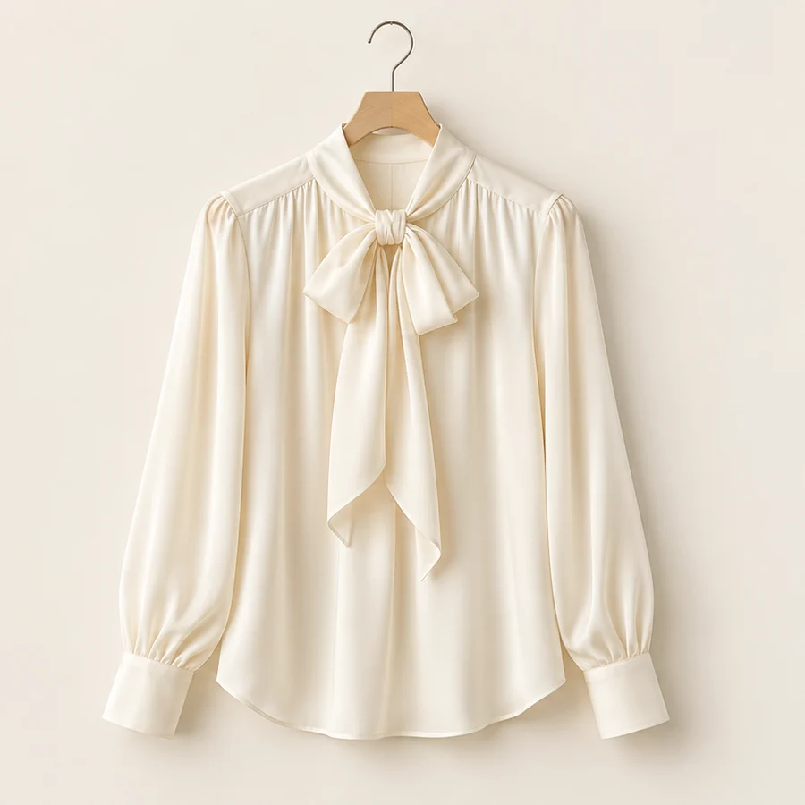 Áo blouse cổ nơ màu kem