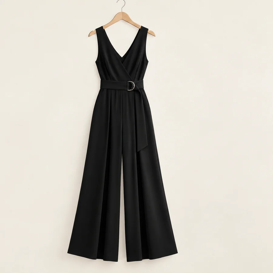 Jumpsuit ống rộng có đai đen